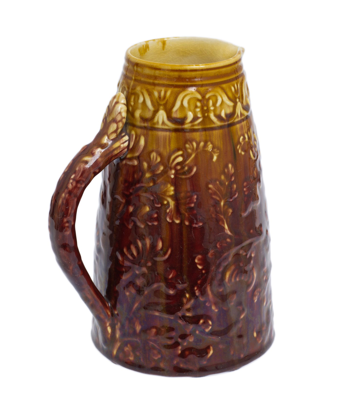 Linthorpe Pottery Antique Treacle Glaze Streak & Ombre Effect Moulded Jug 1880's (Code 2816)