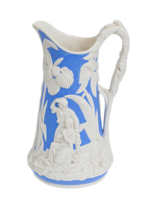 T J & J Mayer Antique Victorian Moulded Parian Ware Jug 'The Family' c1850 (Code 2818)
