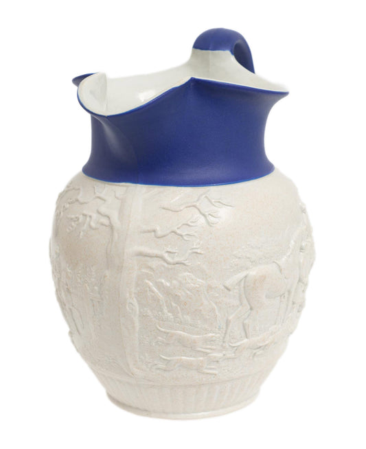 Antique Wedgwood Moulded Hunting Scene Jug with Dark Blue Jasper Dip c1845 (Code 2824)