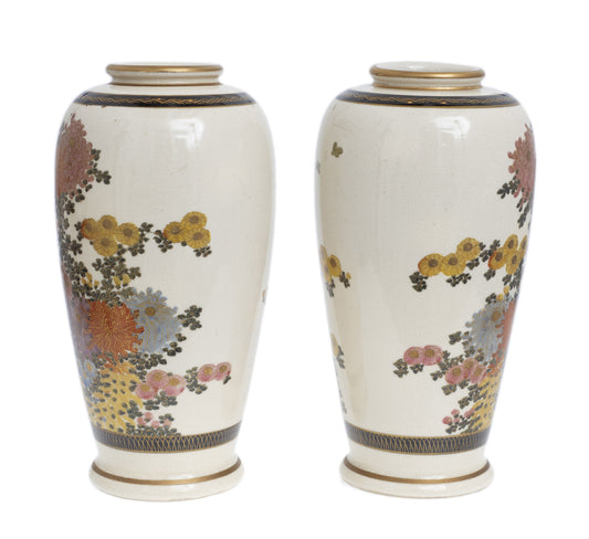 Pair Antique Japanese Satsuma Pottery Vases Hand Painted with Chrysanthemums (Code 2842)