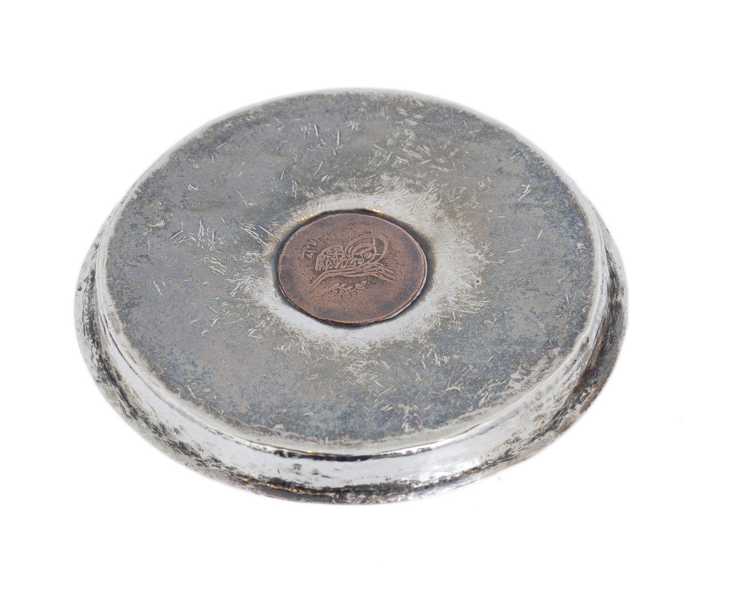 Antique Ottoman Empire Hand Made Silver Dish with Copper 1 Para Coin Inset (Code 2855)