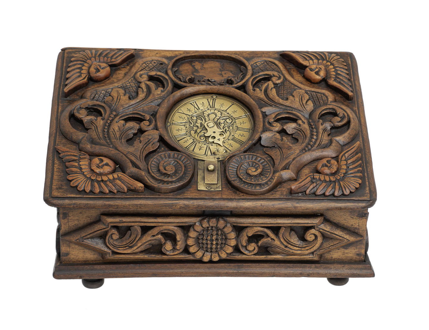 Antique Spanish Wooden Box with Moon Face Carvings and Brass Dial Lock 19thC (2919)