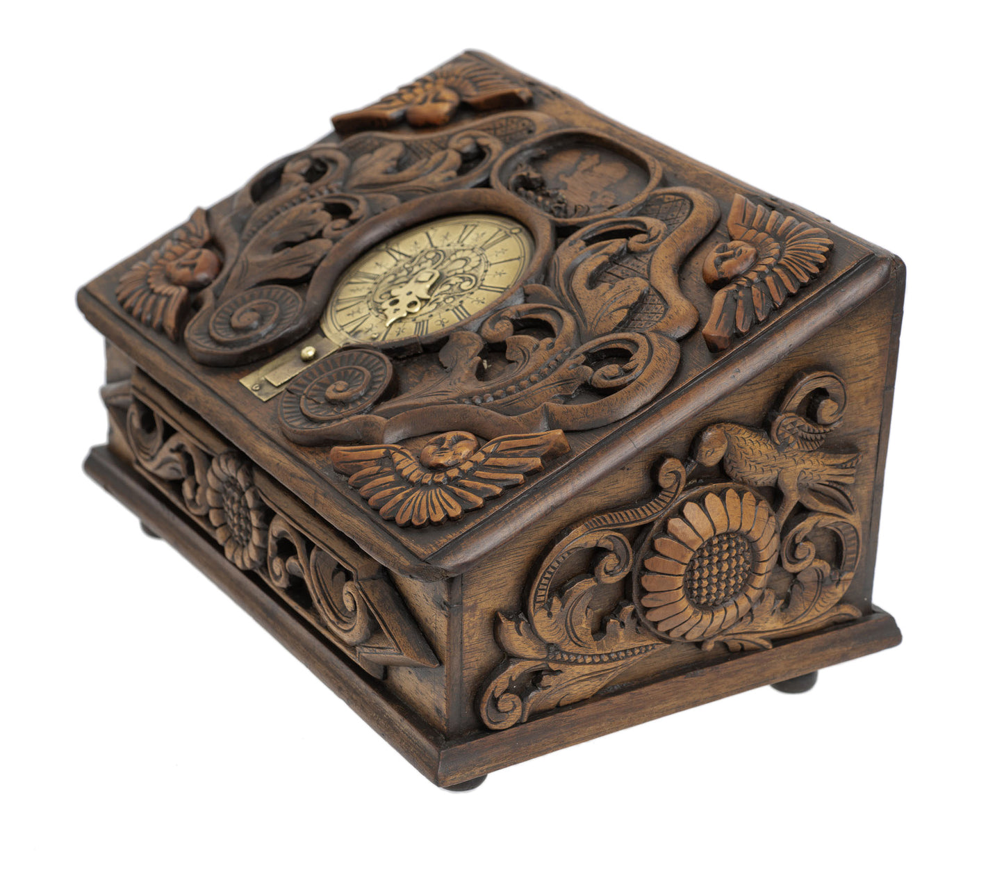 Antique Spanish Wooden Box with Moon Face Carvings and Brass Dial Lock 19thC (2919)