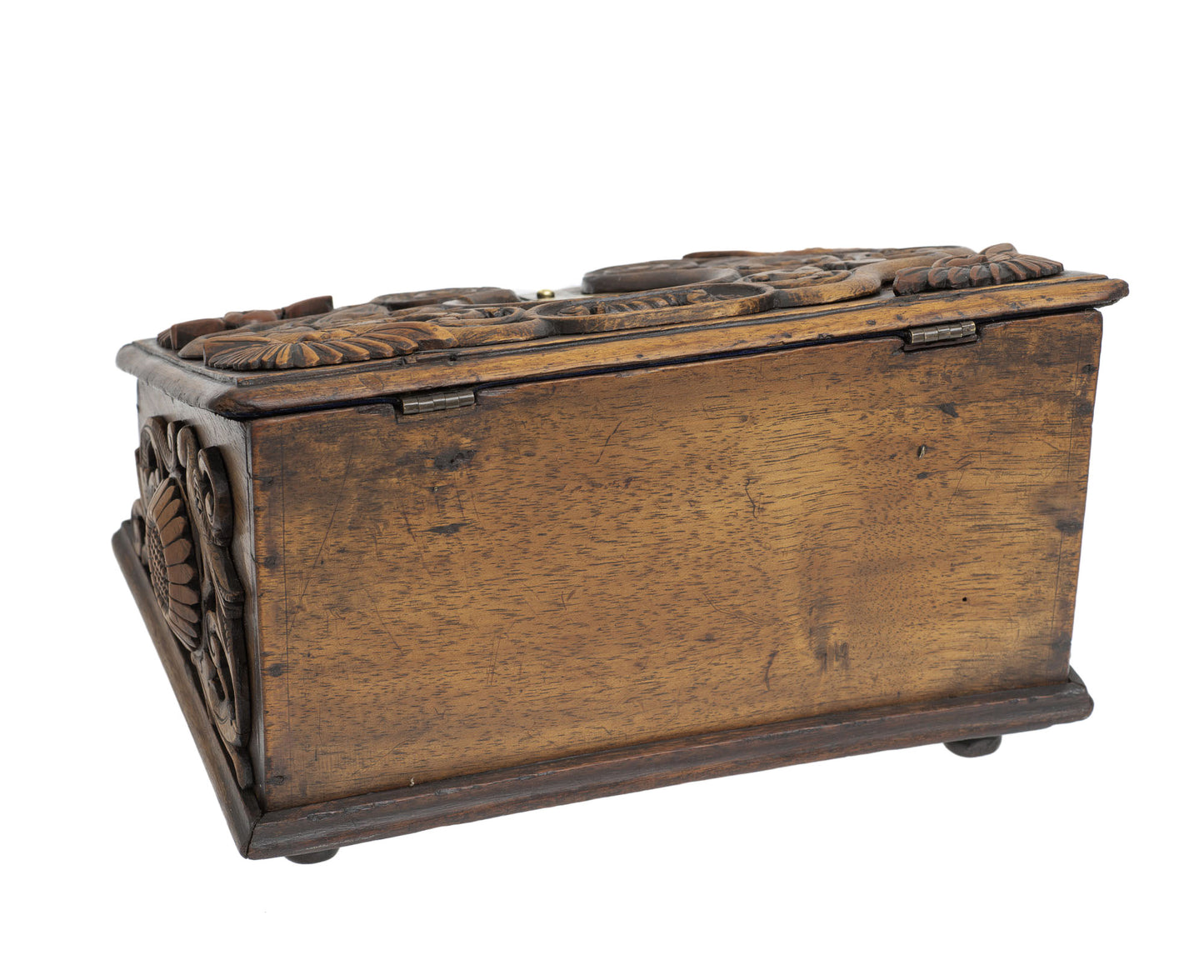 Antique Spanish Wooden Box with Moon Face Carvings and Brass Dial Lock 19thC (2919)