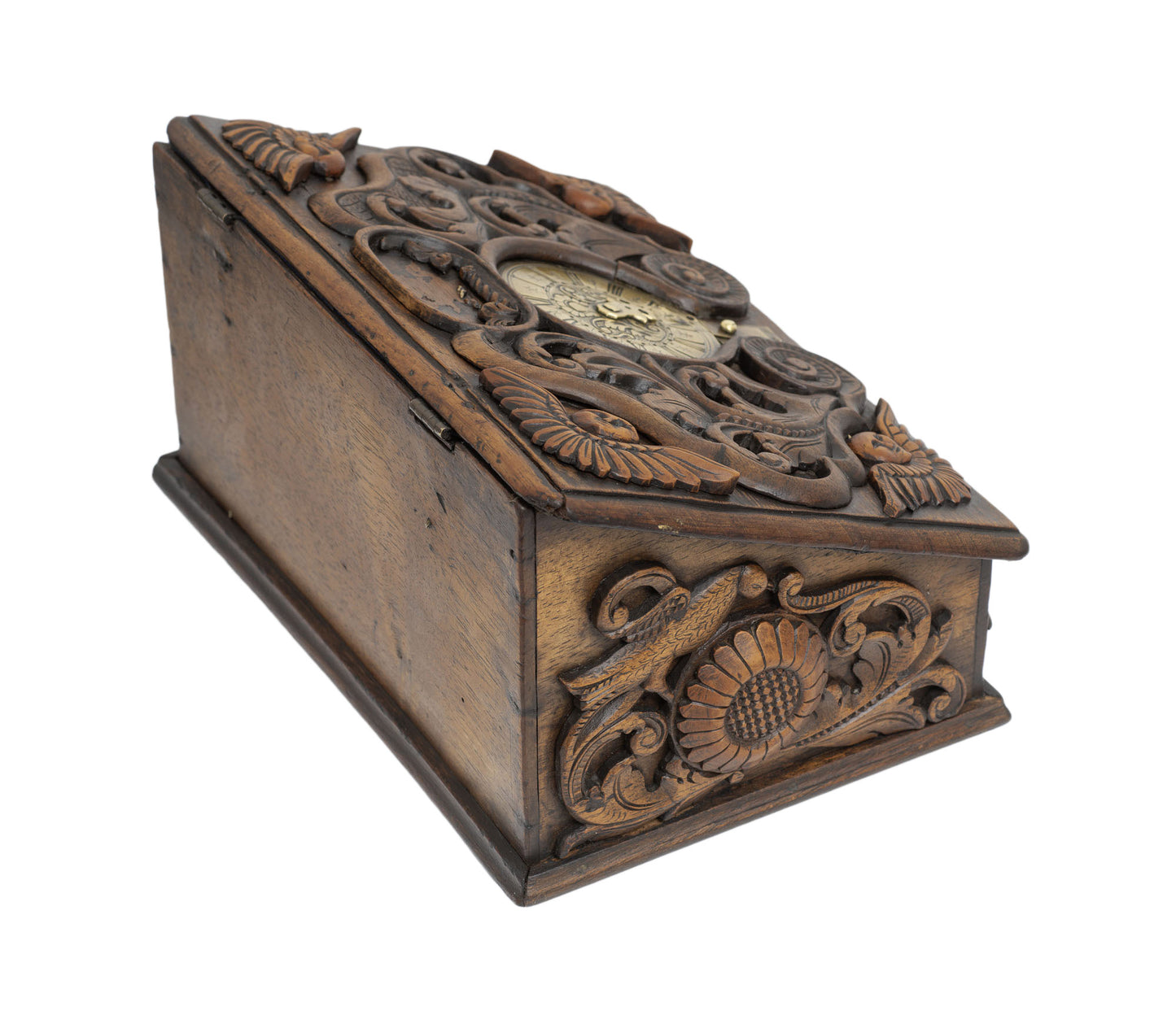Antique Spanish Wooden Box with Moon Face Carvings and Brass Dial Lock 19thC (2919)