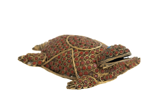 Vintage Hand Made Nepal Figure/Model of a Turtle in Gilt Metal & Coral Cabochons (2929)