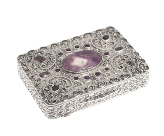 Antique French Import Highly Decorated Silver and Amethyst Set Snuff / Pill Box (2950)