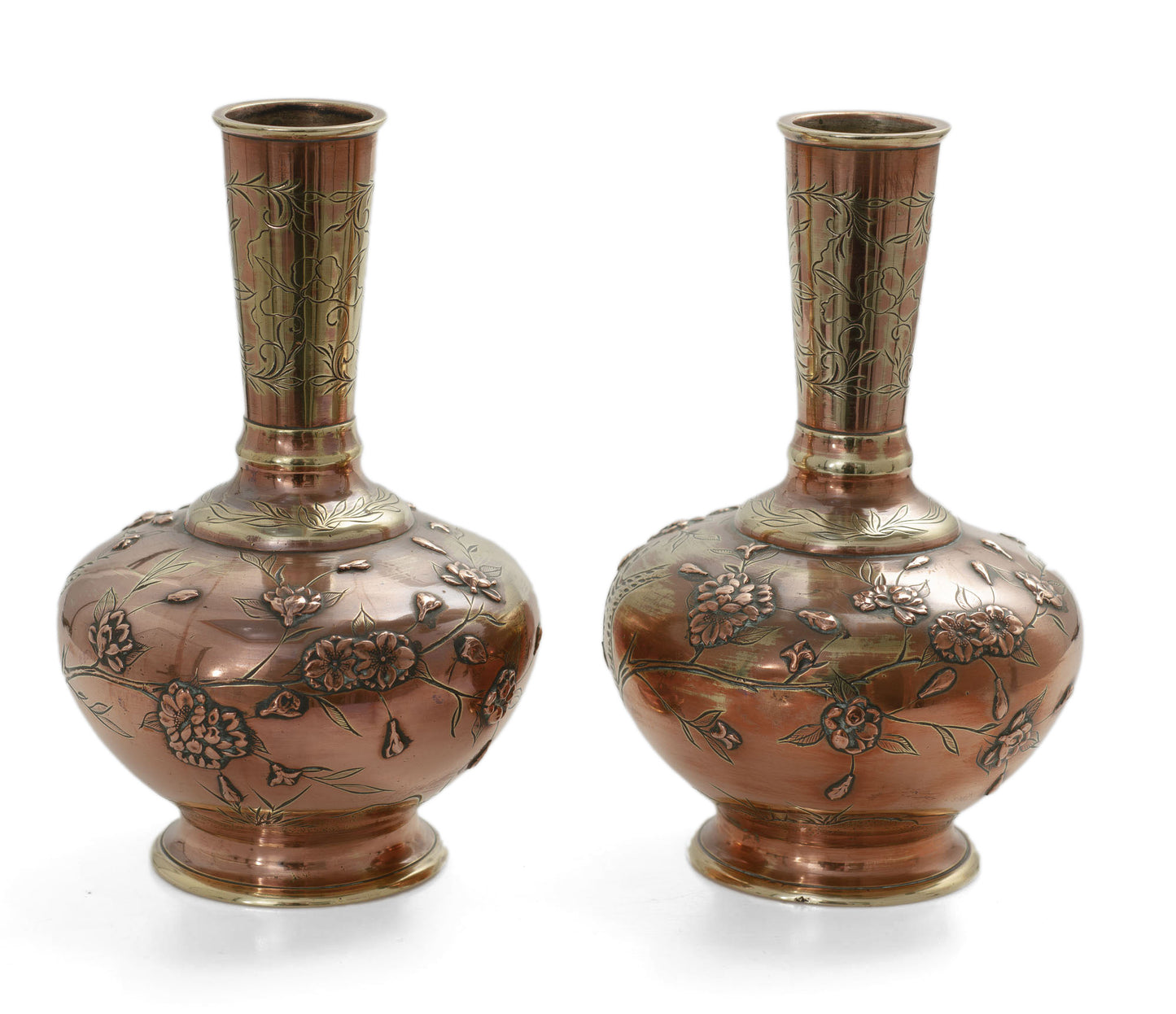 Pair Antique Japanese Aesthetic Coppered Brass Vases with Birds and Blossom (2981)