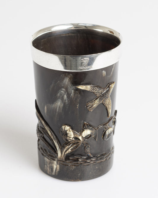 Sampson Mordan & Co Antique Carved Horn & Silver Aesthetic Movement Beaker (3042)
