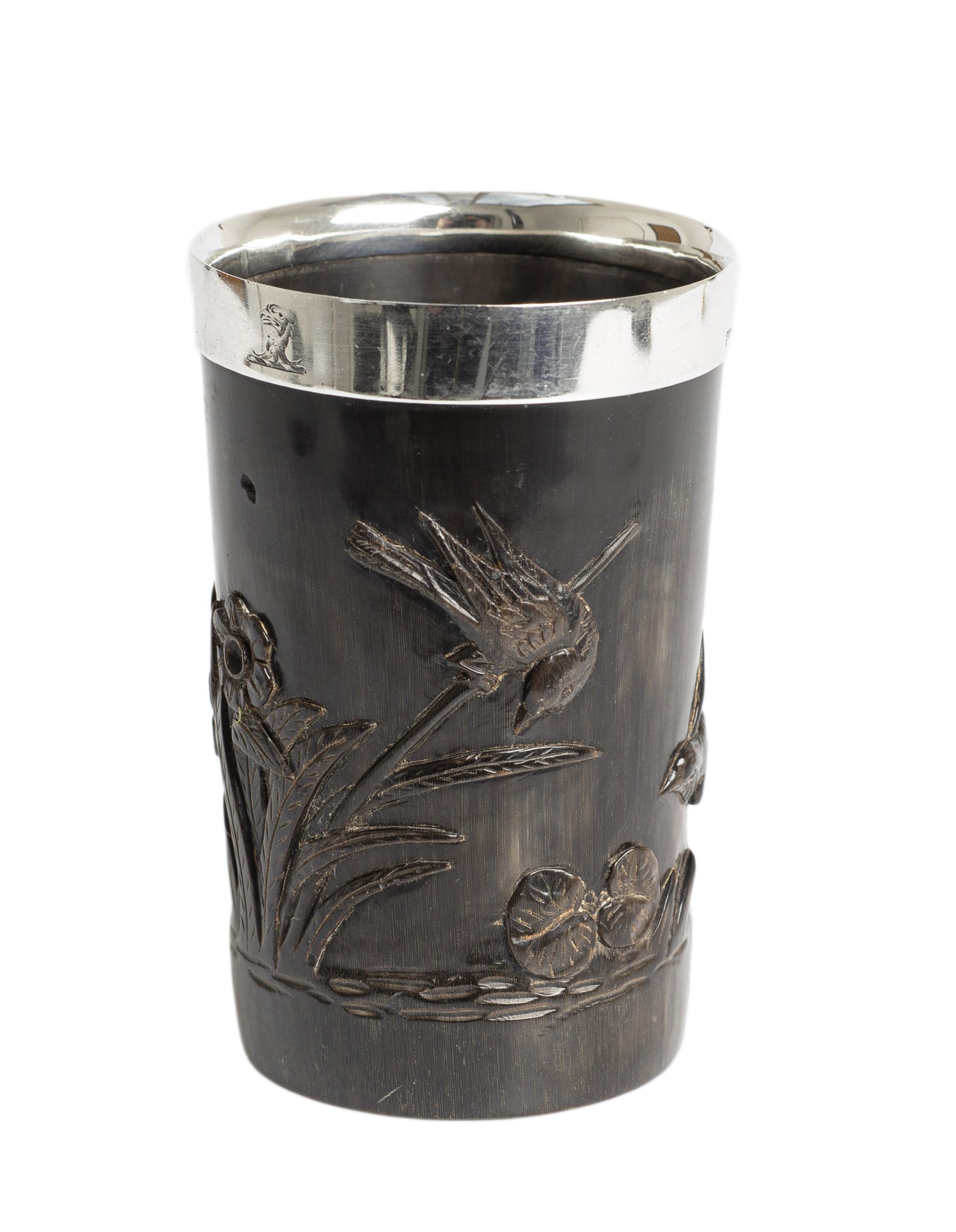 Sampson Mordan & Co Antique Carved Horn & Silver Aesthetic Movement Cup/Tumbler (3043)