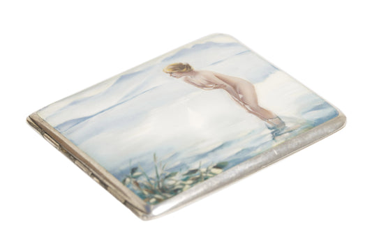 Art Deco Egyptian Silver 800 and Enamel Hand Painted Nude Bathing Girl Cigarette Case (3046)