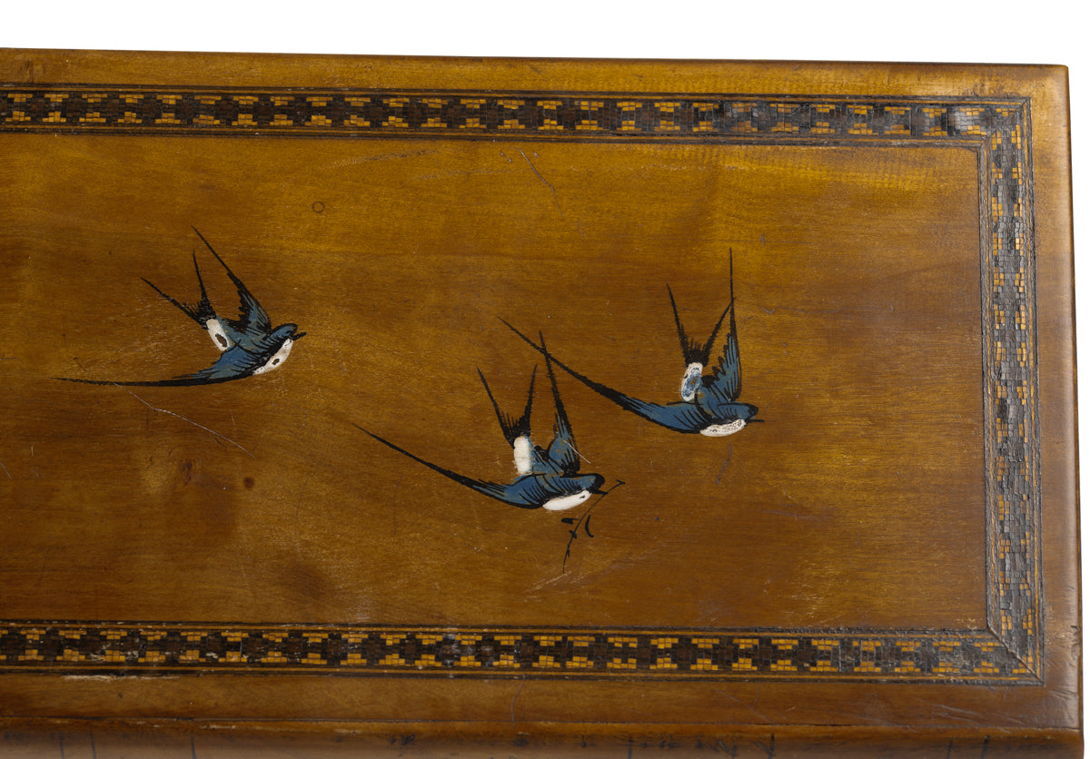 Italian Sorento Ware Jewellery Box In Olive Wood Antique c.1900 Hand Painted Lid (3069)