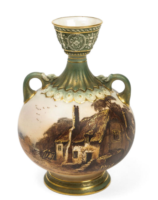 A Royal Worcester Hand Painted Rural Thatched Cottage Vase - Edwardian c.1908 (code8035)
