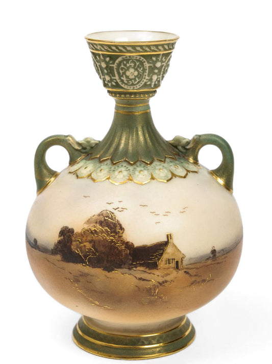 A Royal Worcester Hand Painted Rural Thatched Cottage Vase - Edwardian c.1908 (code8035)