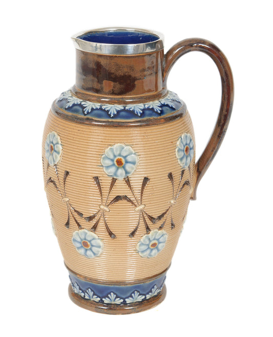 A Doulton Lambeth Stoneware Jug with Solid Silver Rim - Antique H'mark 1896 (Code 8398)