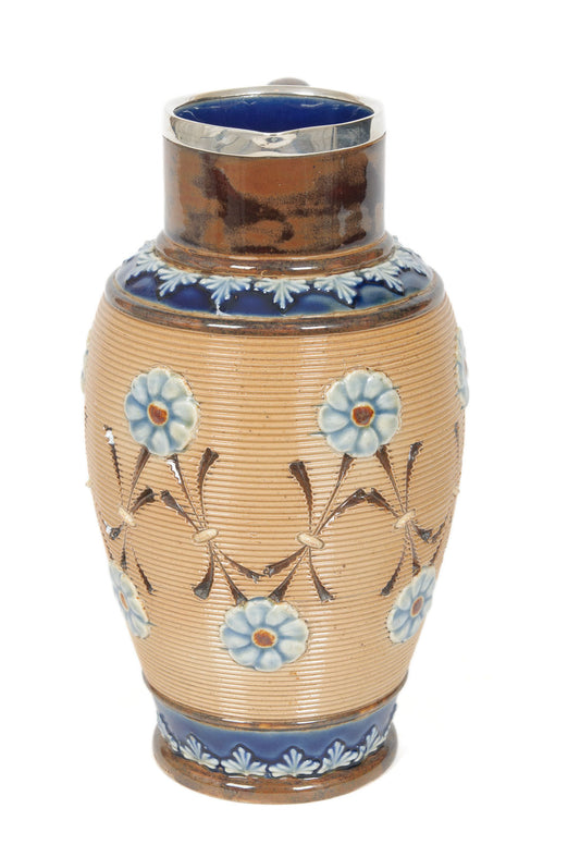 A Doulton Lambeth Stoneware Jug with Solid Silver Rim - Antique H'mark 1896 (Code 8398)
