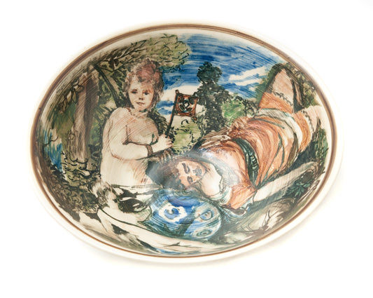 A Bohuslav Barlow Hand Painted Art Pottery Bowl - Polychrome Scene (Code 8500)