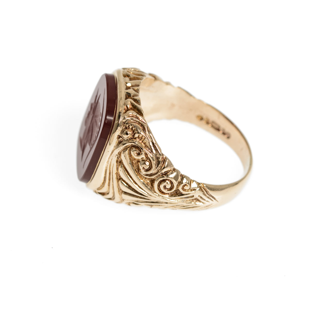 Vintage 9ct Gold Intaglio Signet Seal Ring With Centurion In Carnelian Stone UK Size R1/2 London Hallmark 1971 (Code A1001)