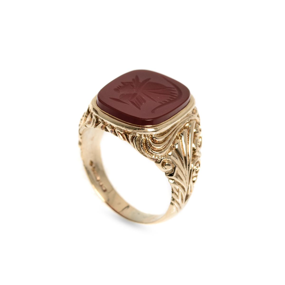 Vintage 9ct Gold Intaglio Signet Seal Ring With Centurion In Carnelian Stone UK Size R1/2 London Hallmark 1971 (Code A1001)