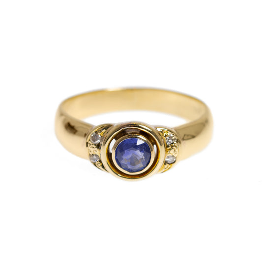 14K Gold Ladies Ring With Ceylon Blue Sapphire & Four Diamonds UK Size M (Code A1006)