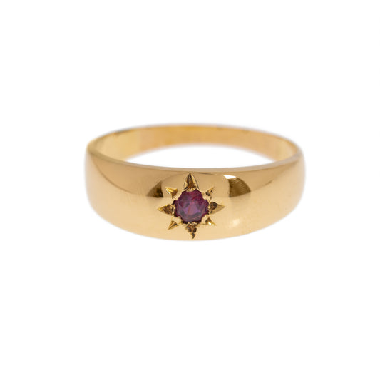 Antique 18ct Gold & Ruby Set Gypsy Starburst Band Ring Size UK L1/2 (Code A1007)