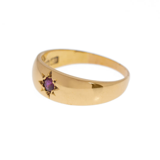 Antique 18ct Gold & Ruby Set Gypsy Starburst Band Ring Size UK L1/2 (Code A1007)