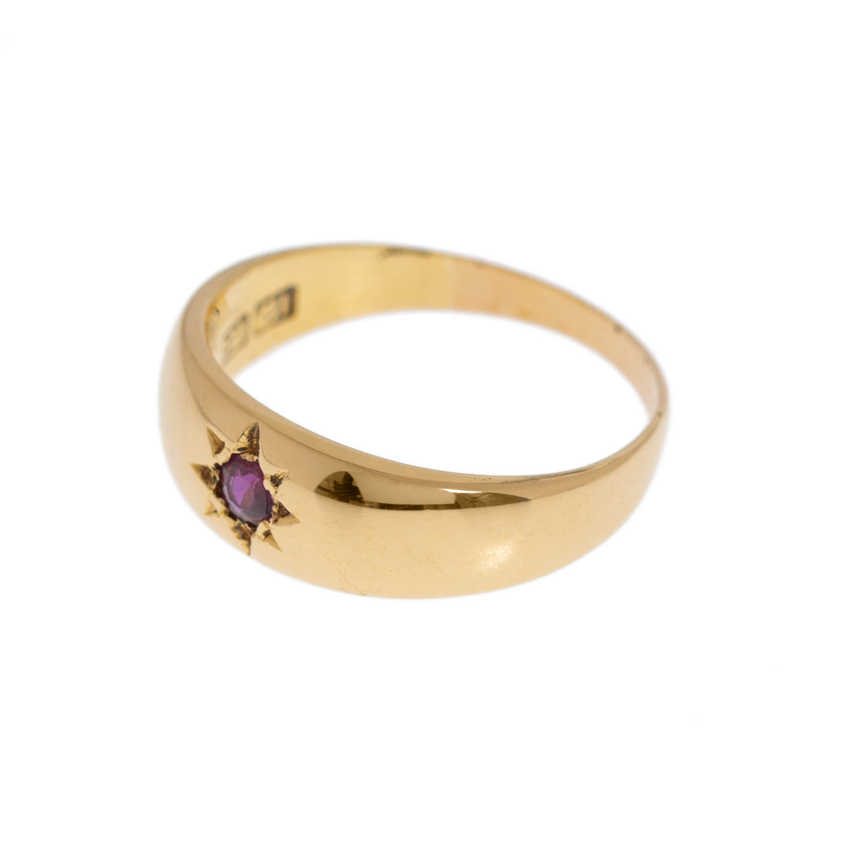 Antique 18ct Gold & Ruby Set Gypsy Starburst Band Ring Size UK L1/2 (Code A1007)
