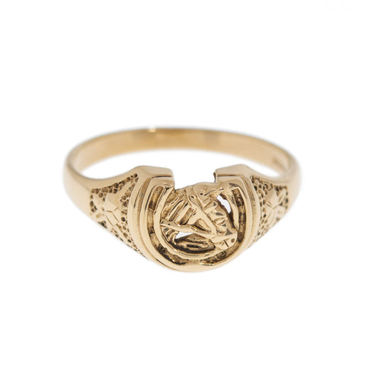 9ct Solid Gold Horses Head In Horseshoe Shaped Ladies Ring UK Size P1/2 (Code A1008)