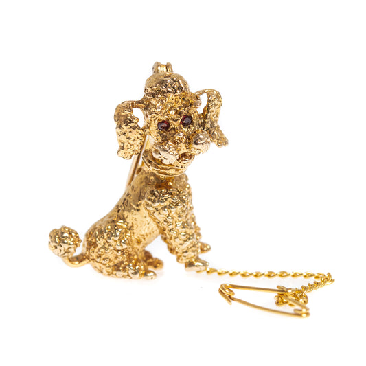 Vintage 9ct Solid Gold Poodle Dog Brooch With Red Gemstone Eyes London 1972 (Code A1009)