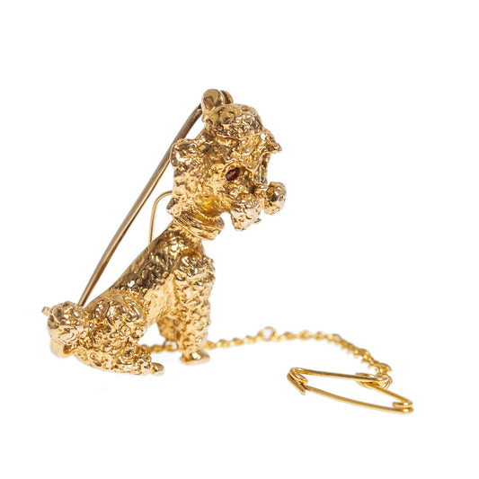 Vintage 9ct Solid Gold Poodle Dog Brooch With Red Gemstone Eyes London 1972 (Code A1009)