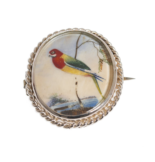 Antique Victorian Silver Brooch With Hand Painted Exotic Bird Miniature c.1880 (Code A1010)