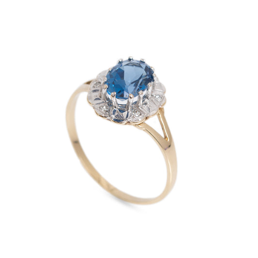 Vintage 9ct Gold Blue Topaz & Diamond Ladies Ring UK Size Q (Code A1025)