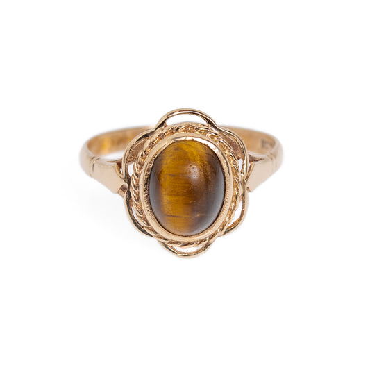 Vintage 9ct Gold Tigers Eye Cabochon Ring With Decorative Mount Birmingham Hallmark 1970 (Code A1028)