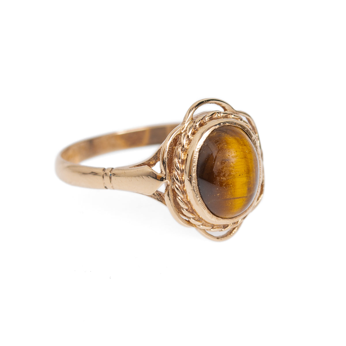 Vintage 9ct Gold Tigers Eye Cabochon Ring With Decorative Mount Birmingham Hallmark 1970 (Code A1028)