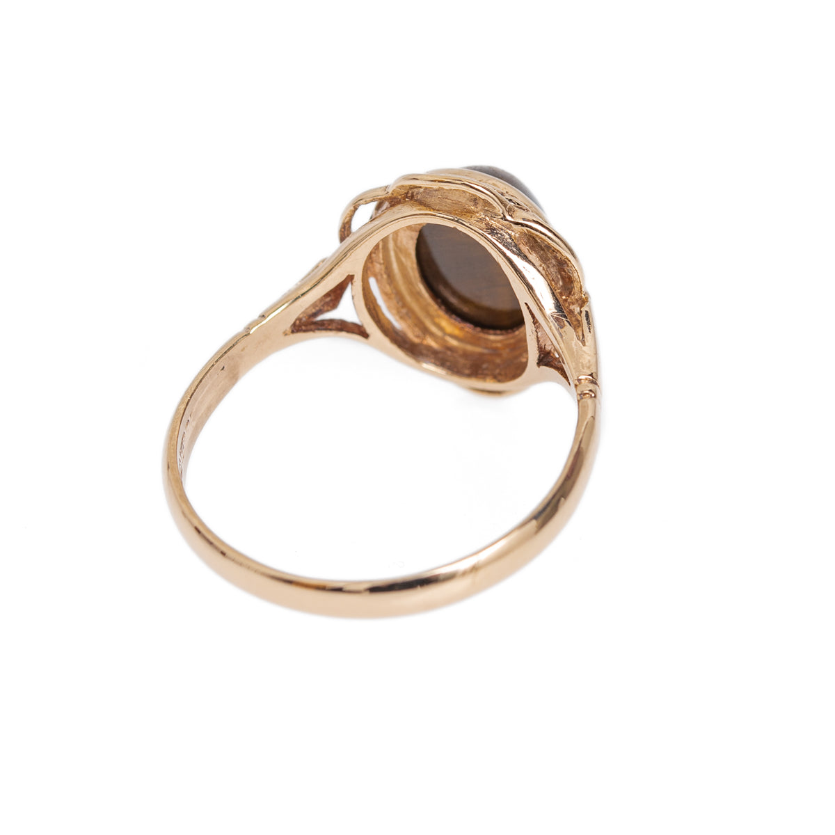Vintage 9ct Gold Tigers Eye Cabochon Ring With Decorative Mount Birmingham Hallmark 1970 (Code A1028)