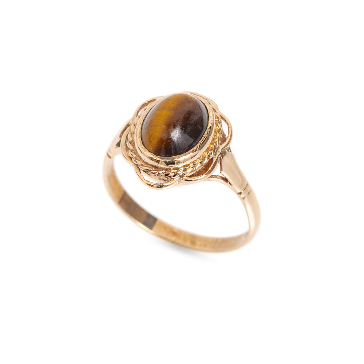 Vintage 9ct Gold Tigers Eye Cabochon Ring With Decorative Mount Birmingham Hallmark 1970 (Code A1028)