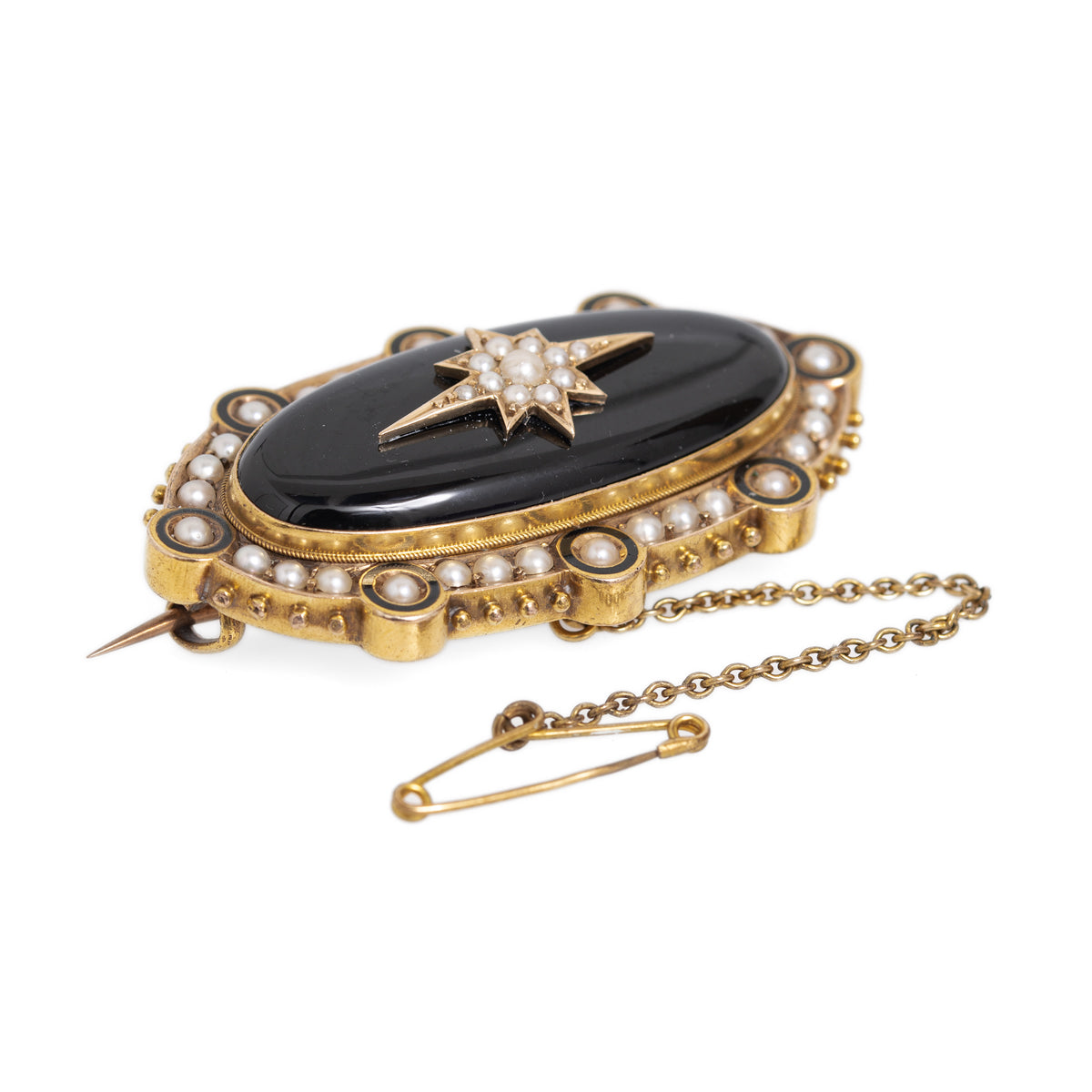 Antique Victorian 18ct Gold, Pearl & Black Onyx Mourning Brooch c.1870 (Code A1061)