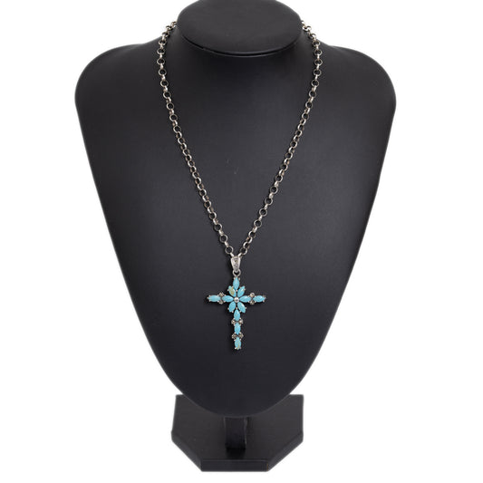 Vintage Sterling Silver Turquoise & Marcasite Cross Pendant/Necklace With Belcher Chain (Code A1076)