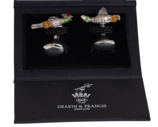 Pair Deakin & Francis Solid Silver & Enamel Angry Game Bird Cufflinks In Box (Code A1095)