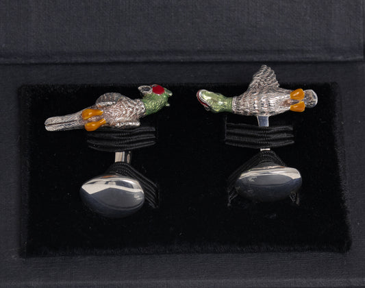 Pair Deakin & Francis Solid Silver & Enamel Angry Game Bird Cufflinks In Box (Code A1095)