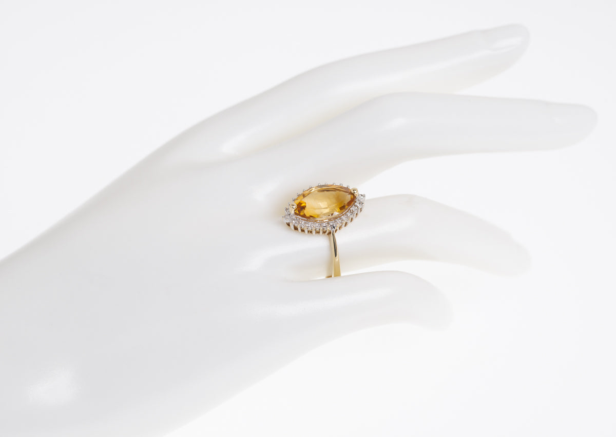 9ct Solid Gold & Large Marquise Citrine Ring With Diamond Halo UK Size P (Code A1105)