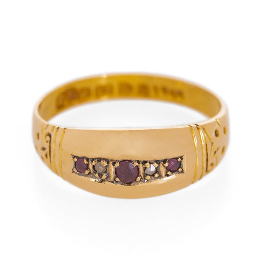 Antique Edwardian 18ct Gold Natural Ruby & Diamond 5 Stone Ring / Band UK Size N (Code A1109)