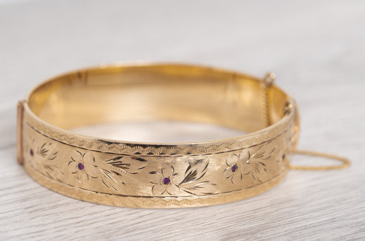 Vintage Gilerco 9ct Gold 1/5 Metal Core & Ruby Heavy Bangle / Bracelet c.1960 (Code A1111)