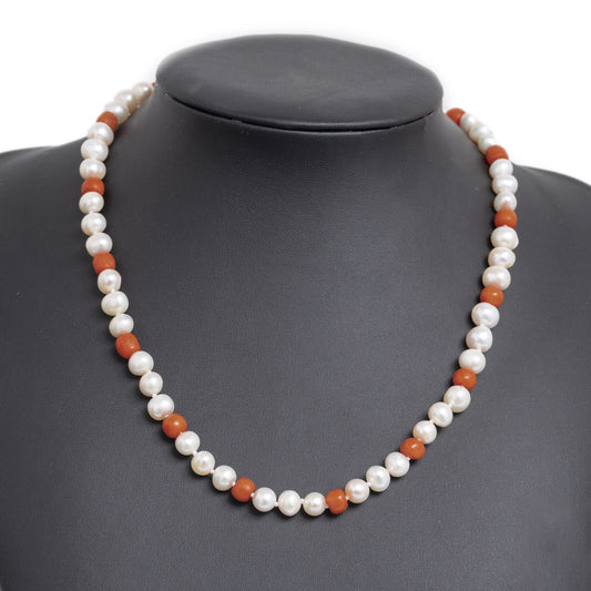 Vintage 14ct Gold Clasp Cultured Pearl & Coral Bead Choker Necklace - Boxed (A1126)