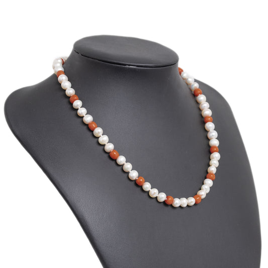 Vintage 14ct Gold Clasp Cultured Pearl & Coral Bead Choker Necklace - Boxed (A1126)