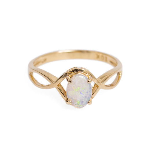Elegant Ladies 10K Gold & White Opal Ring With Decorative Band Size M1/2 (A1139)