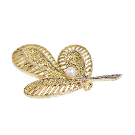 Vintage Theodor Fahrner Leaf Brooch Silver Gilt With Cultured Pearl & Marcasites (A1141)