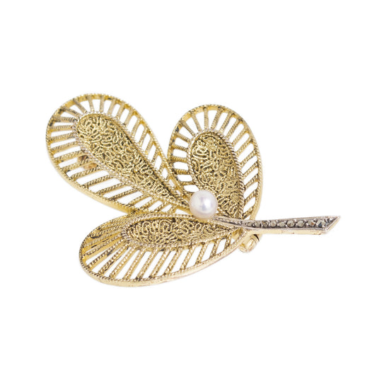 Vintage Theodor Fahrner Leaf Brooch Silver Gilt With Cultured Pearl & Marcasites (A1141)