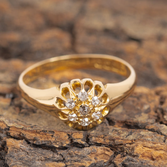 Antique 18ct Gold & Diamond Daisy Cluster Ring Birmingham Hallmark 1918 UK Size O (A1147)