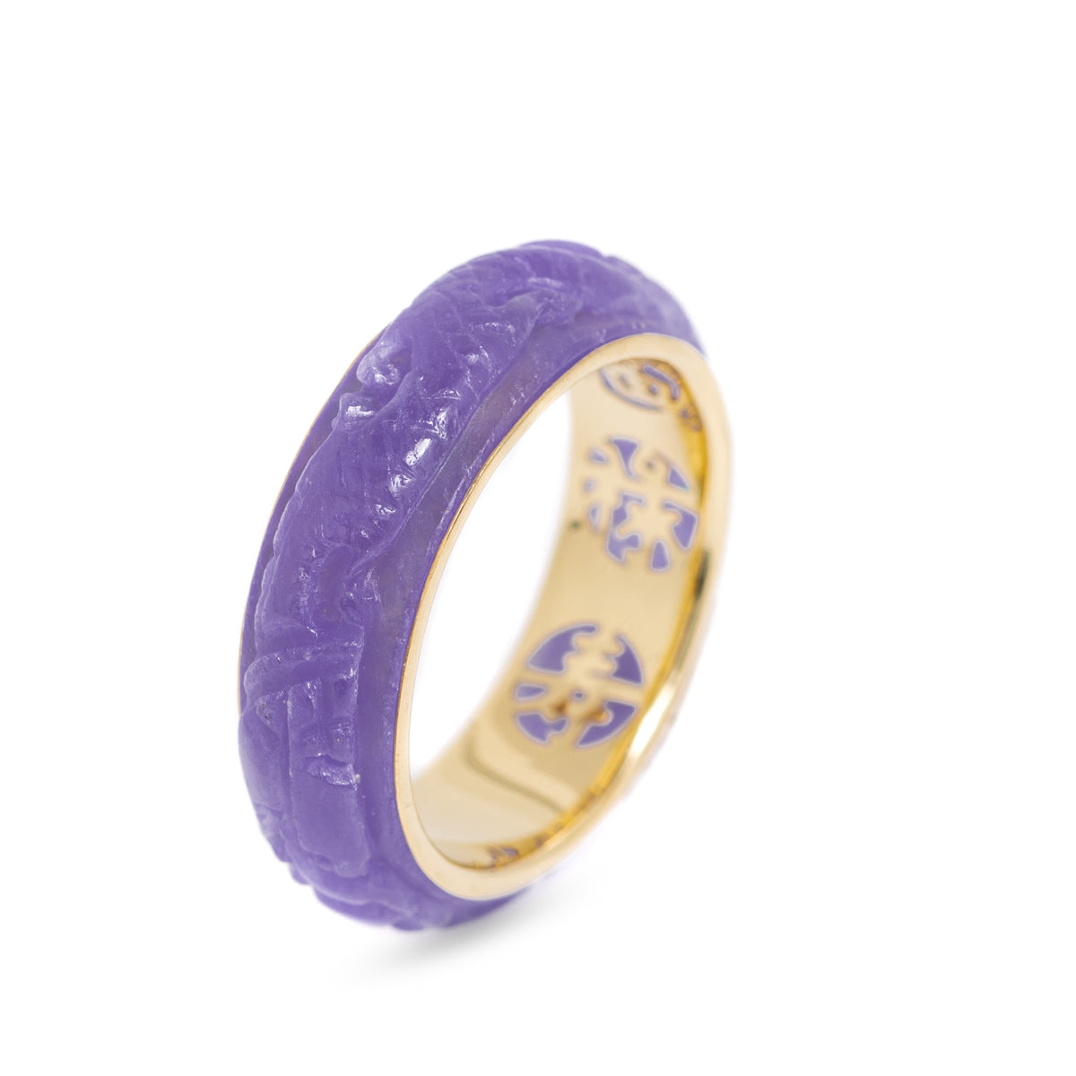 14K Gold & Carved Lavender Jade Ring Band QVC Gems Of The Orient UK Size U (A1150)